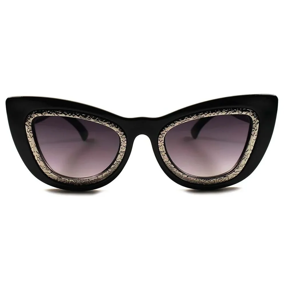 Womens Bold Glamorous Black Cat Eye Sunglasses Silver Detail Around